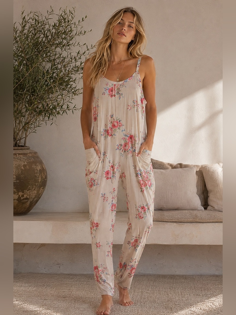 Boho Floral Jumpsuit XL Cream Pink Coquette Sleeveless Pocket Cottagecore Spring